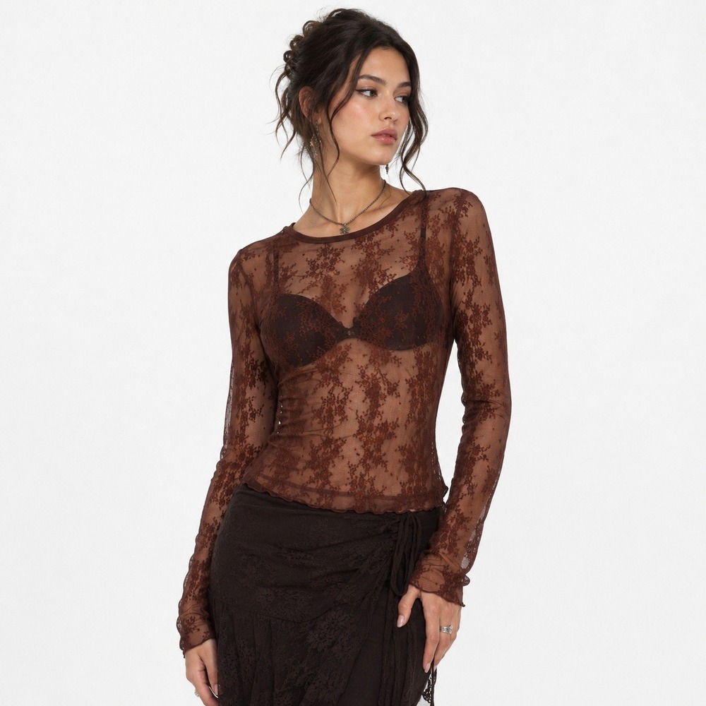 Chocolate Brown Sheer Floral Lace Layering Top L Long Sleeve Y2K Whimsigoth